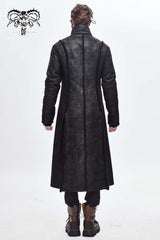 Black Stand Up Collar Shoulder Fur Cape Front Metal Hasp Chest Loops Long Fur Men's Punk Coat - Product - 6