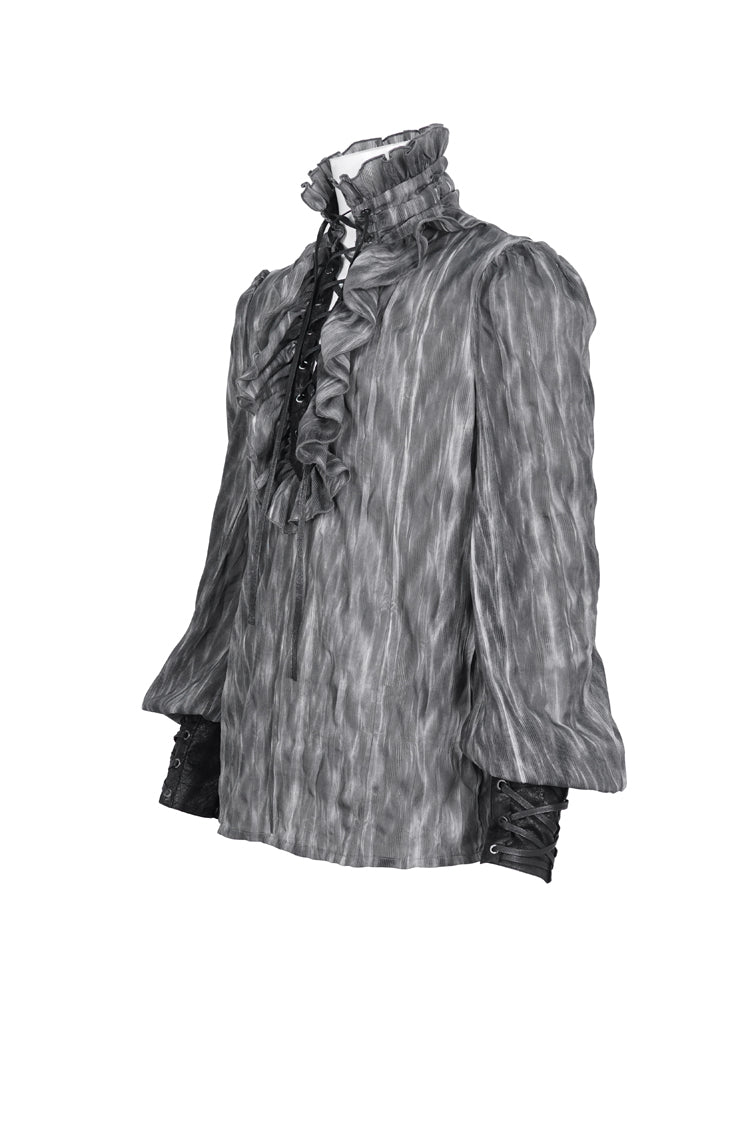 Black/Grey Ruffle Stand Collar Print Lace-Up Men's Gothic Blouse - Product - 6