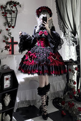 Black/Red [Rose Princess] Sleeveless Ruffle Bowknot Lace Lace-Up Gothic Ballet Lolita Jsk Dress - Product - 9