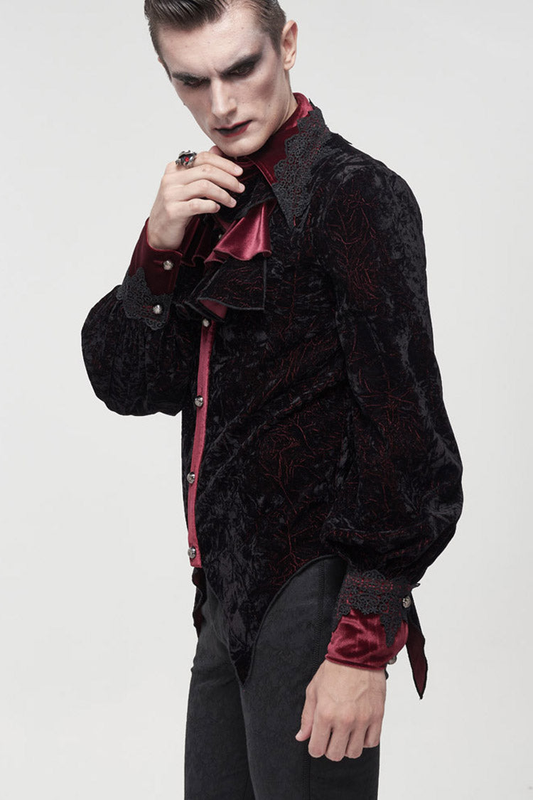 Black/Red Gothic Lace Stand Collar Ruffle Lantern Sleeves Velvet Crack Men's Shirt - Product - 5