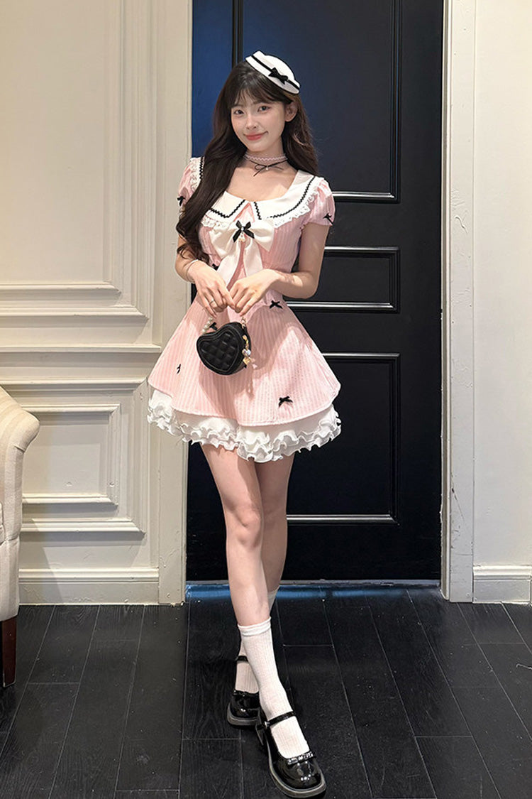 Pink [Peach Dream] Doll Collar Short Puff Sleeves Vertical Stripe Printed Ruffled Bow College Style Sweet Lolita Dress - Product - 4