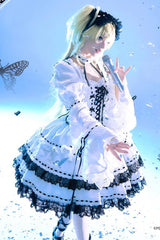 White [Witch] Long Trumpet Sleeves Double-Layered Ruffle Bowknot Lace-Up Gothic Lolita Skirt Dress Set - Product - 2
