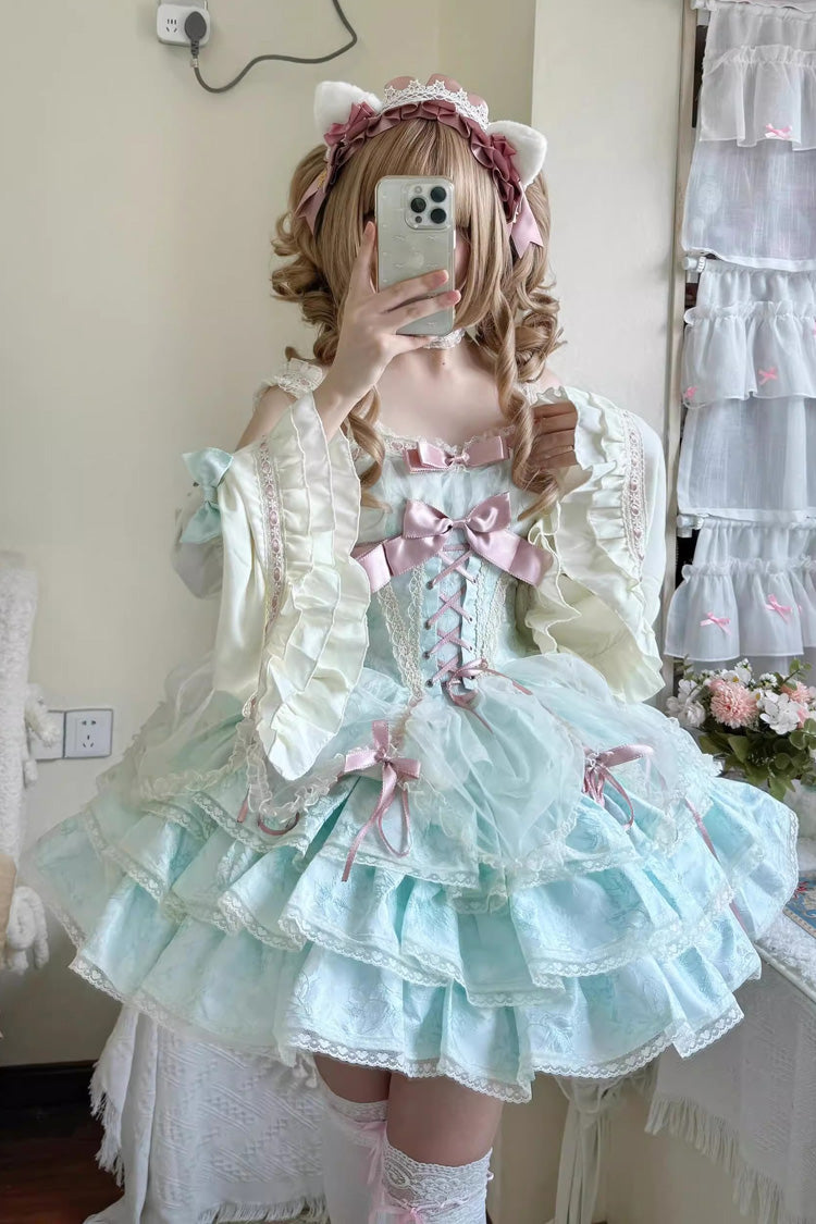 Green Sleeveless Multi-layer Ruffle Bowknot Lace-Up Sweet Princess Lolita Jsk Dress - Green - 1
