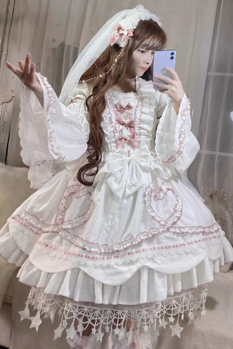 White [Pure Love Story] Hanayome Bowknot Stitching Ji Sleeves Sweet Lolita Dress - White - 1