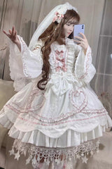 White [Pure Love Story] Hanayome Bowknot Stitching Ji Sleeves Sweet Lolita Dress - White - 1