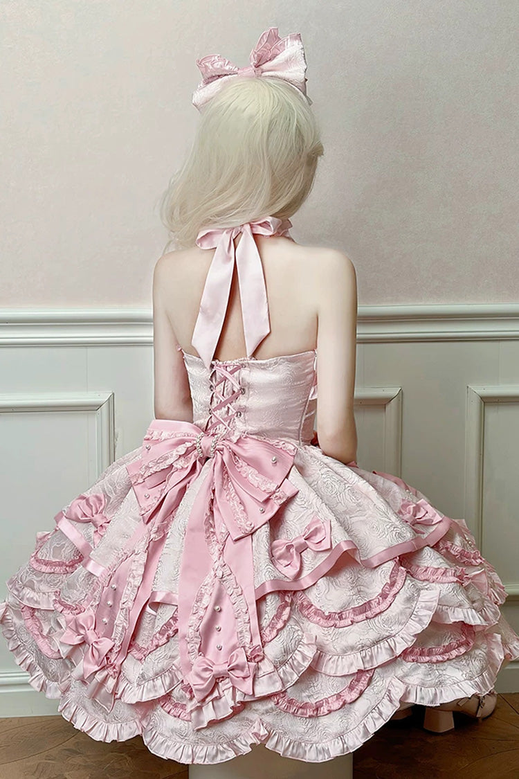 Pink [Sweetheart Petals] Halterneck Sleeveless Multi-Layered Jacquard Ruffled Bow Pearl Detail Sweet Lolita Jsk Dress - Product - 7