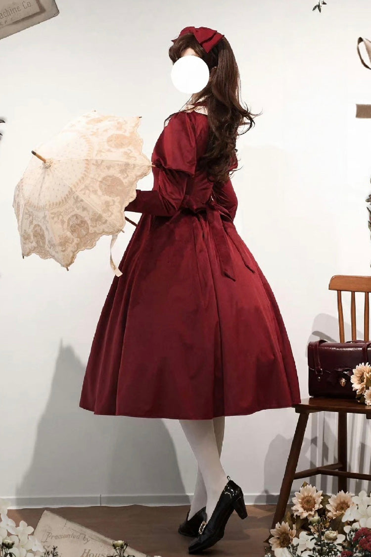 Wine Red [New Year] Stand Collar Long Sleeves Ruffled Bow Classic Lolita Dress - Product - 5
