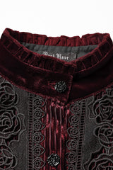 Red Stand Collar Long Puff Sleeves Floral Embroidered Lace-Up Women's Gothic Blouse - Product - 5