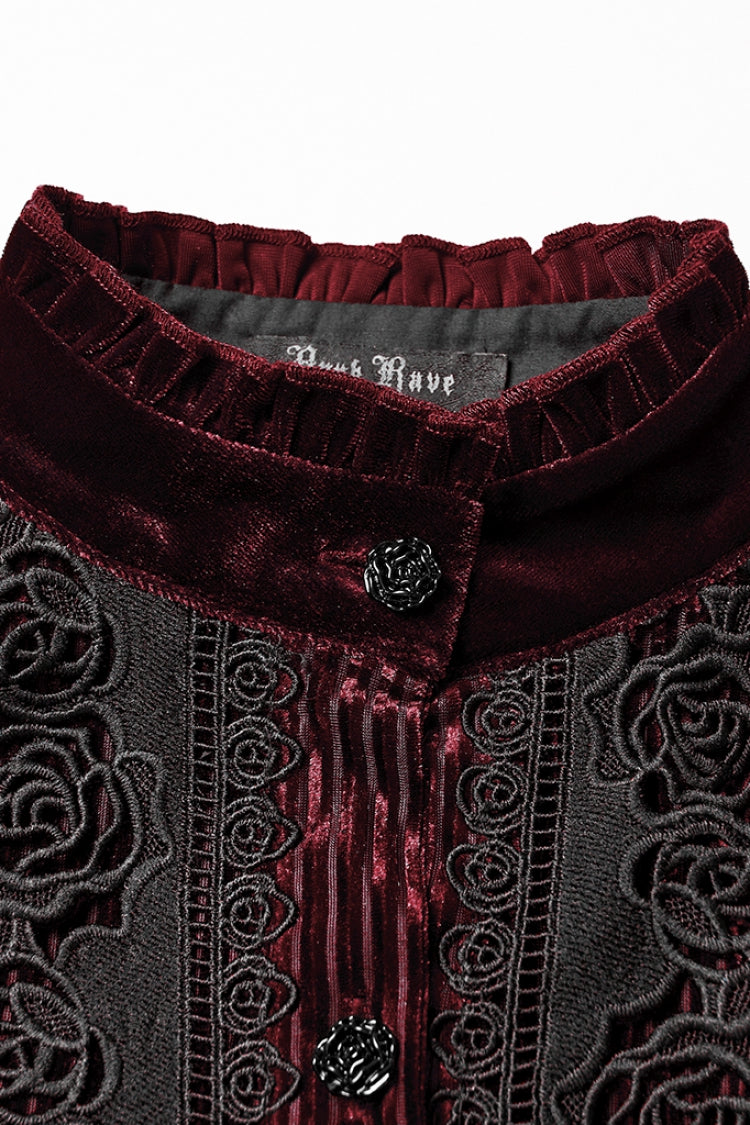 Red Stand Collar Long Puff Sleeves Floral Embroidered Lace-Up Women's Gothic Blouse - Product - 5