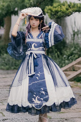 [Night and the Oriole] Print Ruffle Bowknot Lace Sweet Chinese Style Lolita Jsk Dress 2 Colors - Blue - 1
