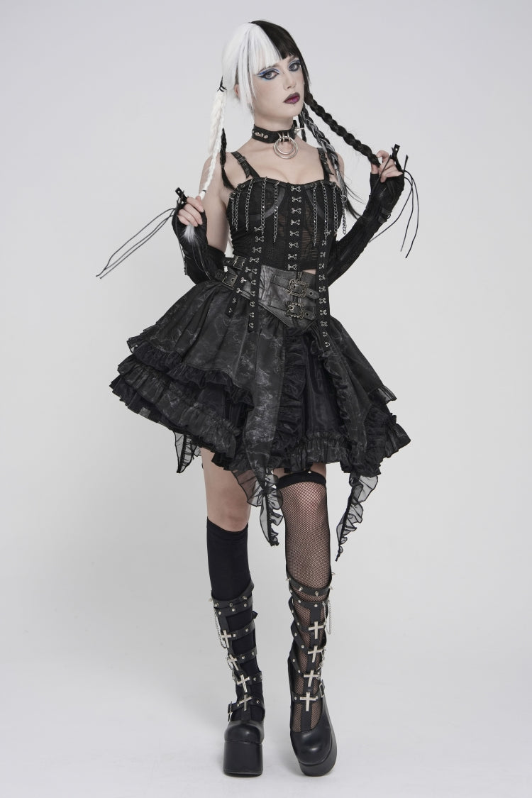 Black Off Shoulder Lace Lace-Up Slim Mesh Strappy Chain-Decorated Eyelet Women's Punk Corset - Product - 12