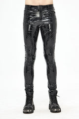 Black Punk Circuit Printed High Quality Stretchy Leather Tight Mens Pants - Black - 1