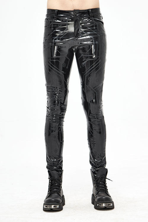 Black Punk Circuit Printed High Quality Stretchy Leather Tight Mens Pants - Black - 1