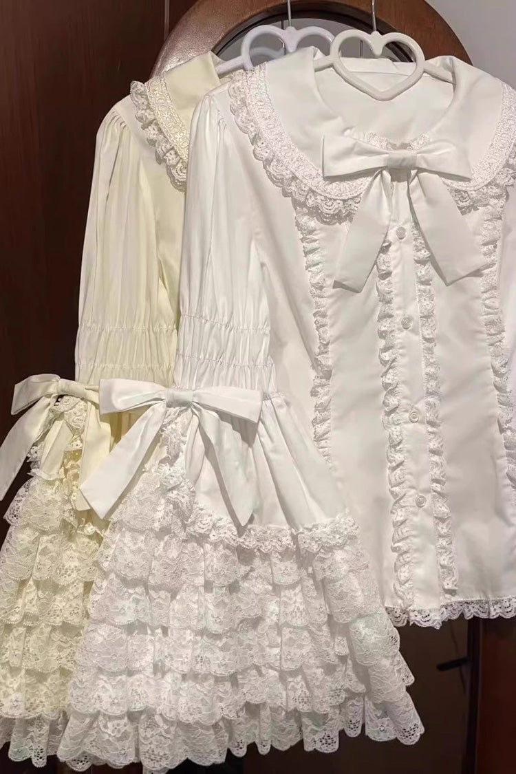 Lapel Collar Long Hime Sleeves Ruffle Bowknot Lace Sweet Lolita Blouse 3 Colors - Product - 2
