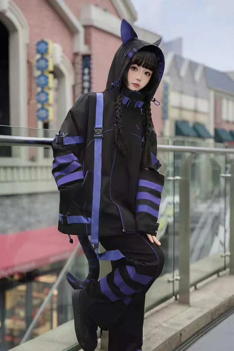 Blue/Black Long Sleeves Print Cat Ears Hooded Jirai Kei Handsome Coat - Blue/Black - 1