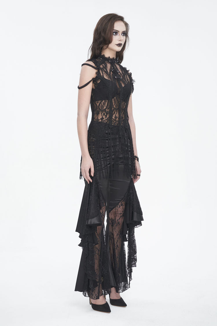 Black Round Collar Embroidery Lace Womens Gothic T-Shirt - Product - 5