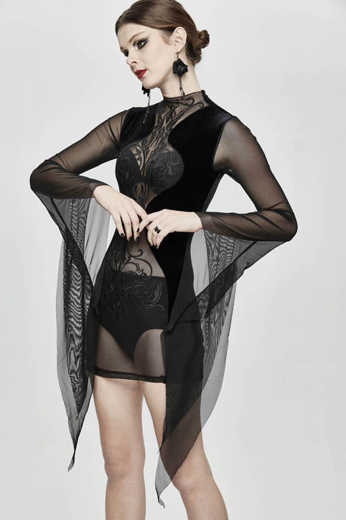 Black Translucent Embroidered Flared Sleeves Sexy Velvet Gothic Womens Dress - Product - 4