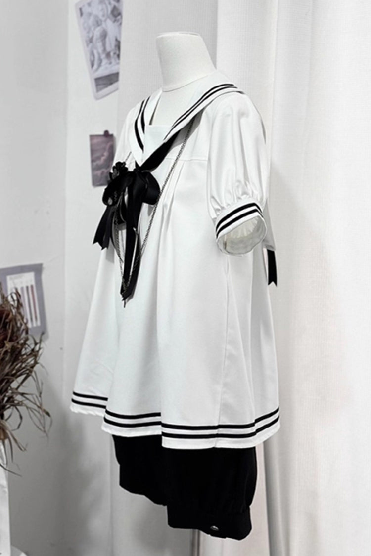 Black/White [Old Stories] Navy Collar Short Sleeves Bowknot Ouji Gothic Lolita Blouse Shorts Set - Product - 12