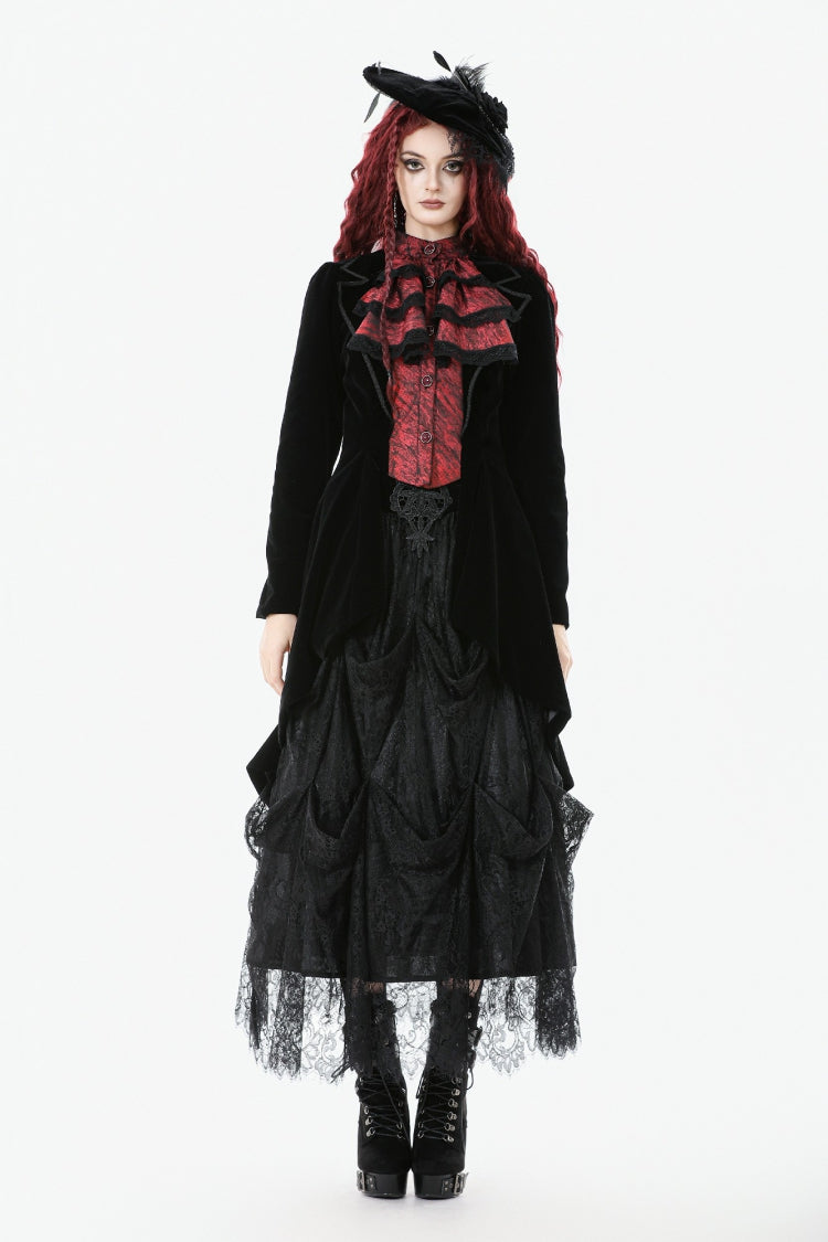 Black/Red Peak Lapel Collar Long Sleeves Multi-Layered Lace Mock Two-piece Women's Gothic Tailcoat - Product - 5