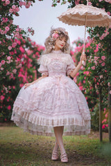 White/Pink [Realm of Sunset] Short Sleeves Printed Ruffled Hanayome Bow Lace Gorgeous Sweet Lolita Dress Set - Product - 3
