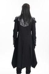 Black Stand Collar Eyelets Buckle-up Ring Long Sleeves Stitching Men's Gothic Coat - Product - 3
