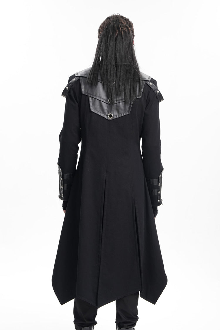 Black Stand Collar Eyelets Buckle-up Ring Long Sleeves Stitching Men's Gothic Coat - Product - 3