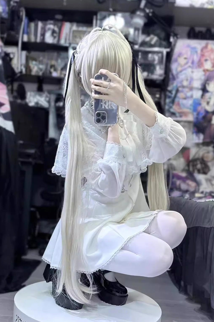 White Shawl Lace Chiffon Long Sleeves Lace Slim Jirai Kei Dress - Product - 3