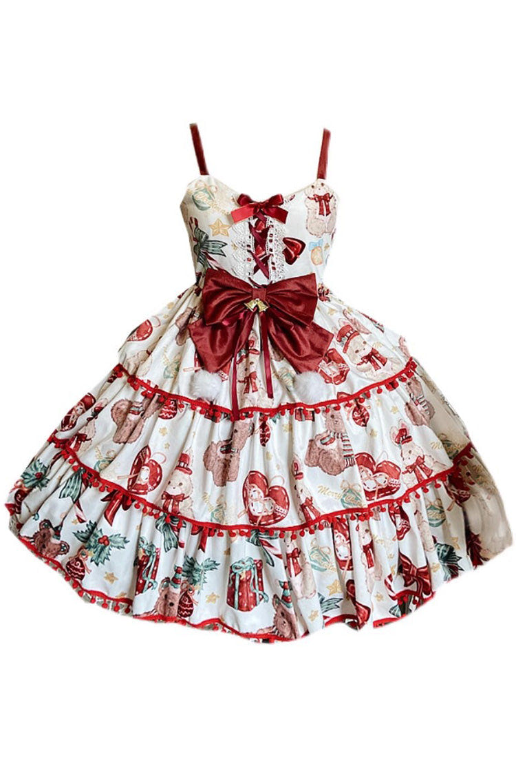 Red/White [Christmas Bear] Print Triple-Layered Ruffle Bowknot Sweet Princess Lolita Jsk Dress - Product - 4