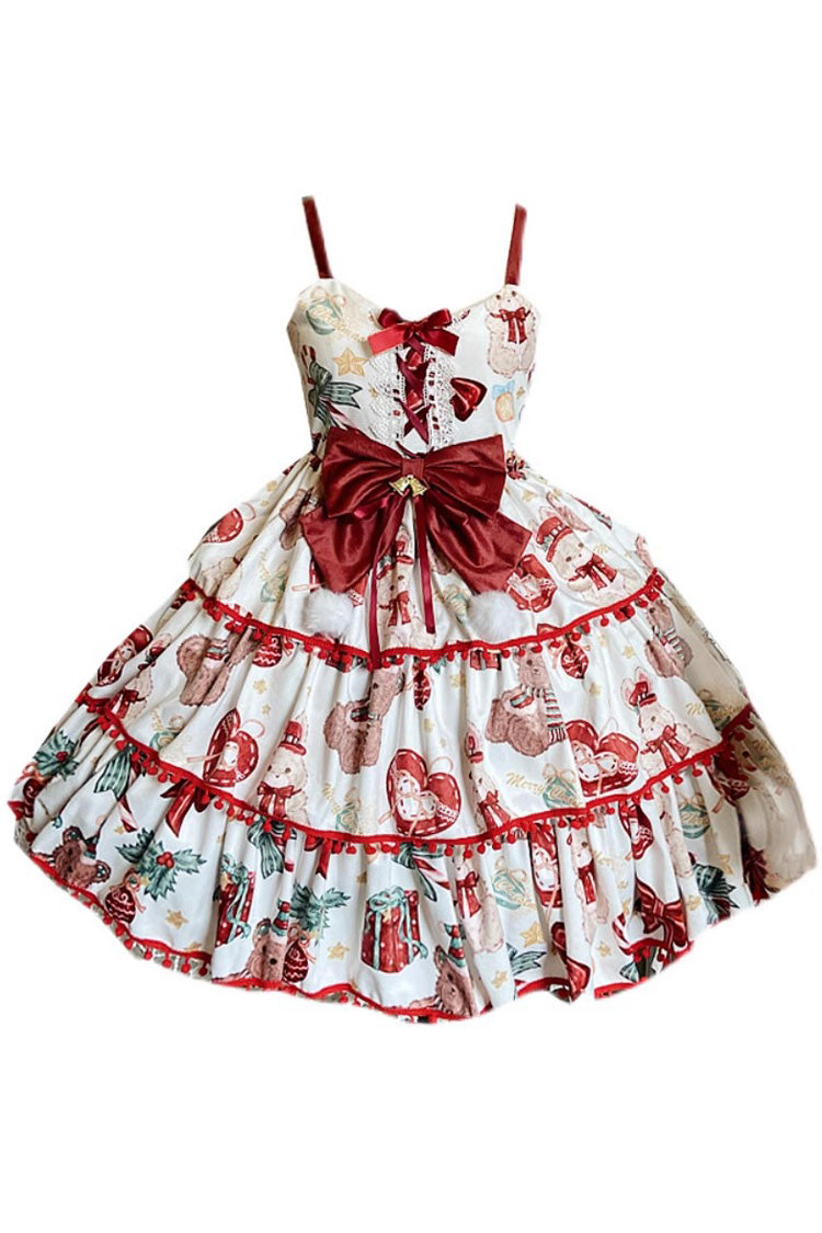 Red/White [Christmas Bear] Print Triple-Layered Ruffle Bowknot Sweet Princess Lolita Jsk Dress - Product - 4