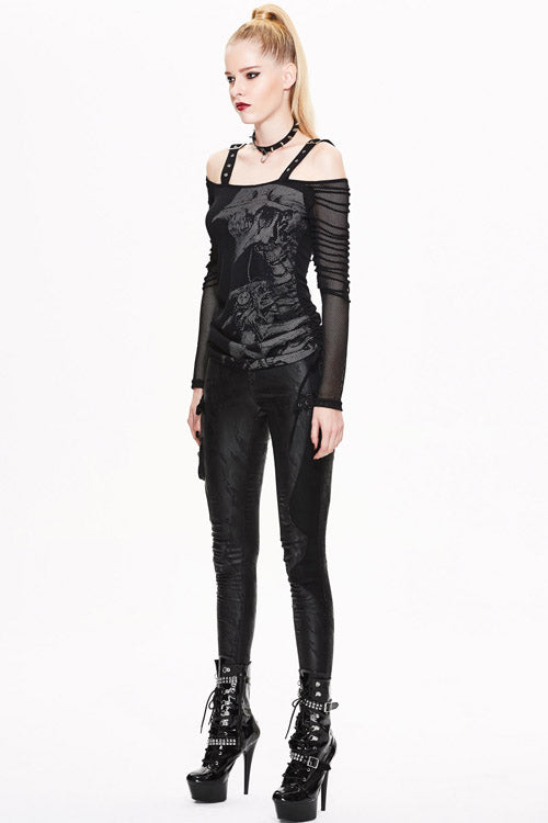 Black Skull Print Long Sleeves Drawstring Halter Cotton Women Punk T-Shirt - Product - 6