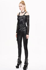 Black Skull Print Long Sleeves Drawstring Halter Cotton Women Punk T-Shirt - Product - 6