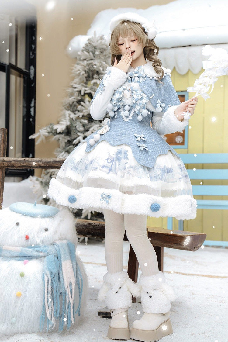 Light Blue [Rolling Snowballs] Printed Bow Sweet Lolita Jsk Dress Set - Product - 2