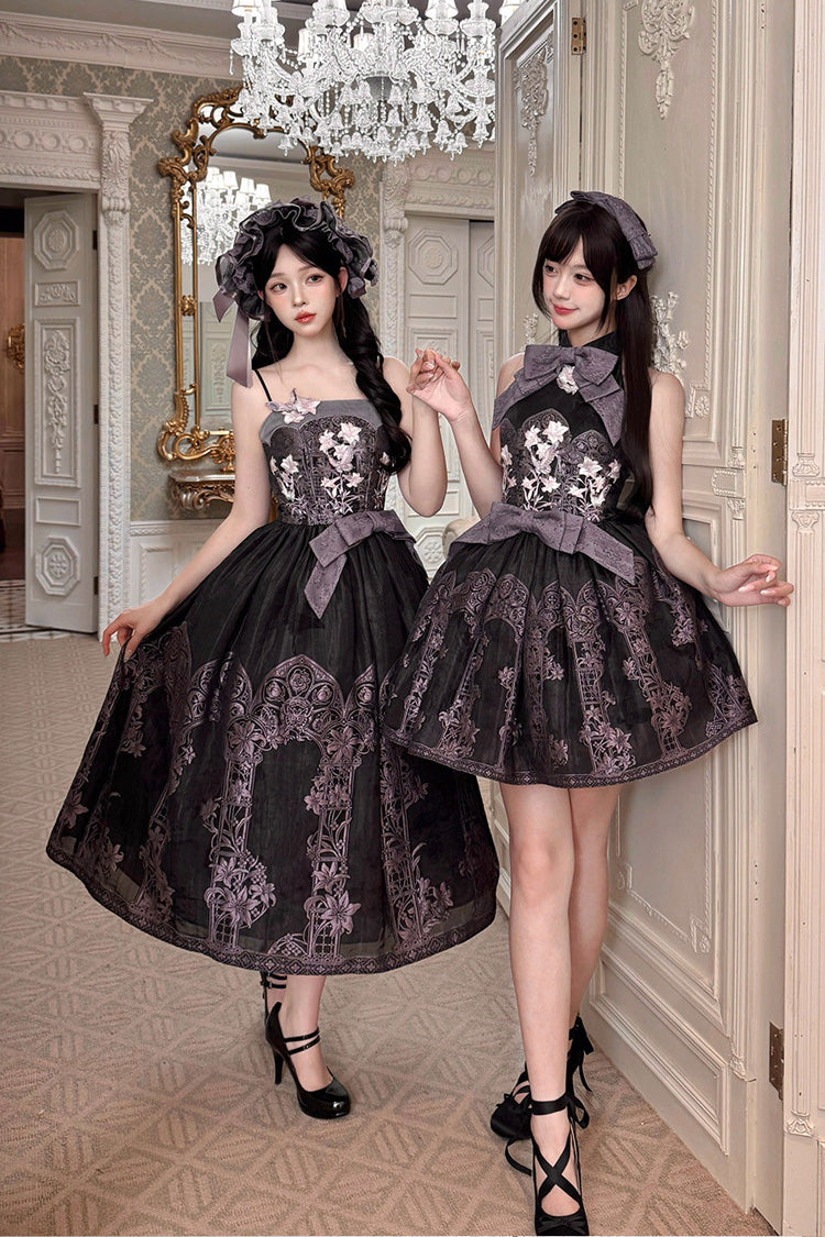 [Stained Glass Dream] Square Collar Sleeveless Printed Embroidered Bow Gothic Lolita Jsk Dress 2 Colors(Black/Purple, White/Purple) - Product - 2
