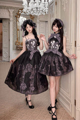 [Stained Glass Dream] Square Collar Sleeveless Printed Embroidered Bow Gothic Lolita Jsk Dress 2 Colors(Black/Purple, White/Purple) - Product - 2