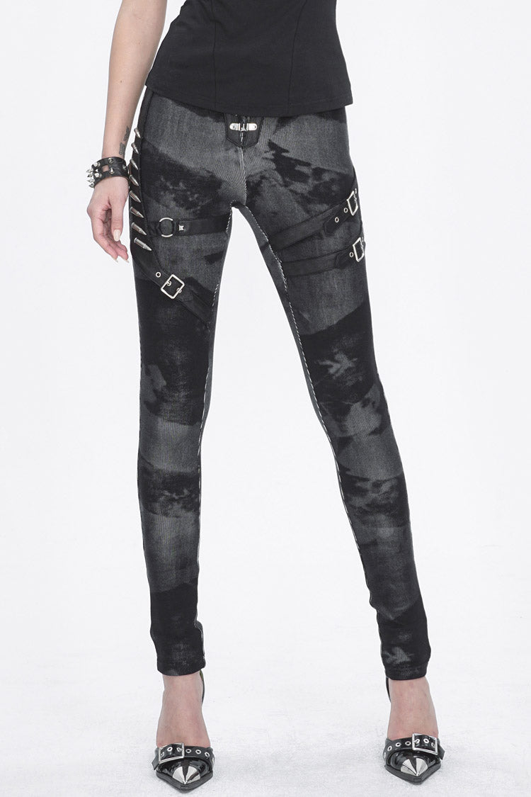 Black High Waisted Print Women's Punk Pants - Black - 1