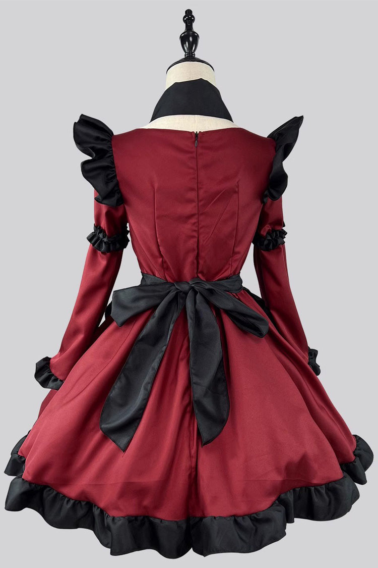 Black/Red Maid Long Sleeves Ruffle Bowknot Gothic Lolita Dress Full Set - Product - 3