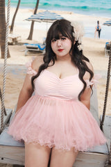 Pink Sleeveless Bow Lace Sweet Lolita Two-piece Swimsuit - Product - 11