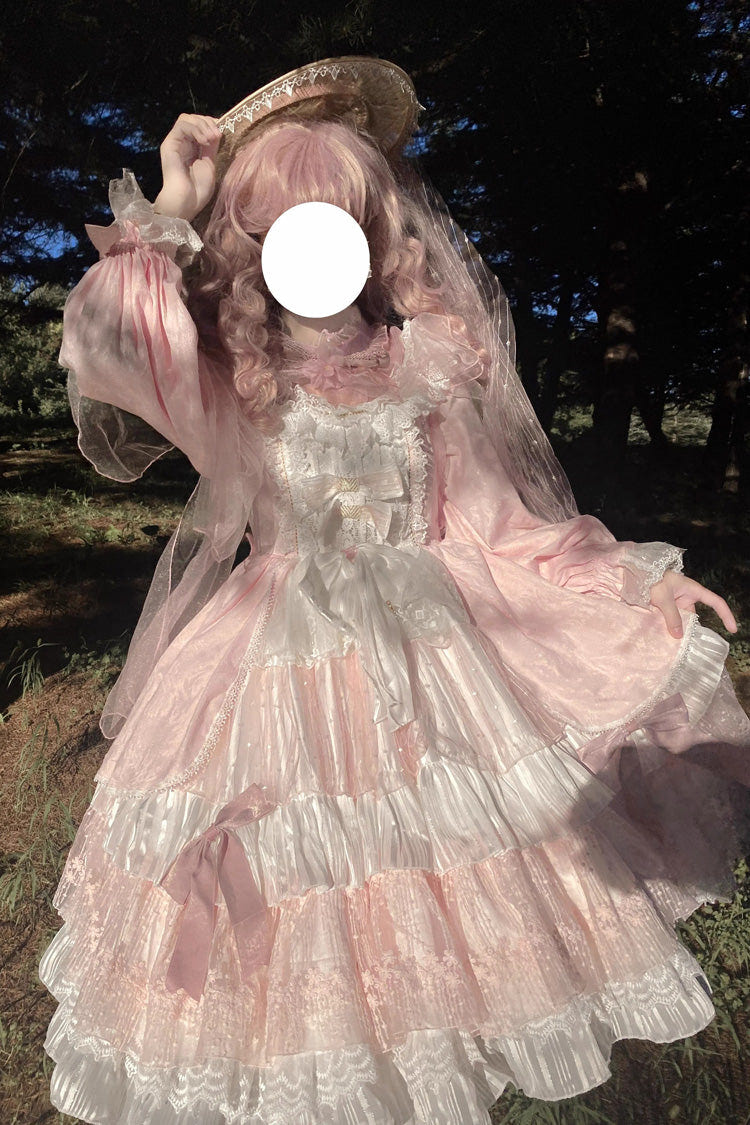 Pink Hanayome Long Sleeves Bowknot Multi-Layer Ruffled Sweet Lolita OP Tiered Dress - Product - 6