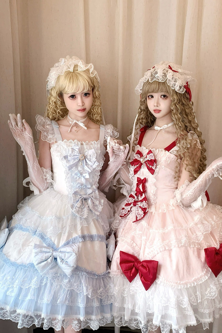 Red/Pink [Flower Dream Isle] Square Collar Multi-Layered Ruffled Bow Lace Sweet Lolita Jsk Dress - Product - 10
