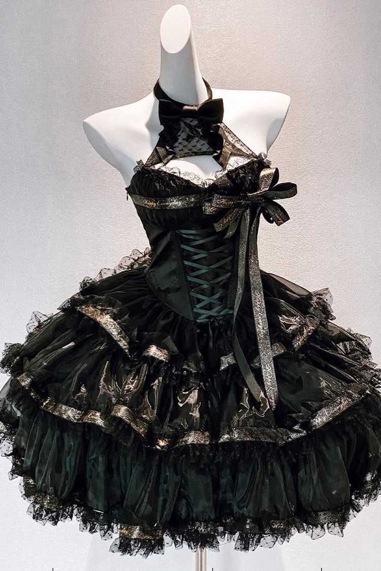Black [First Kiss] Halterneck Triple-Layered Ruffle Lace Hot Stamping Gothic Princess Lolita Dress - Product - 9