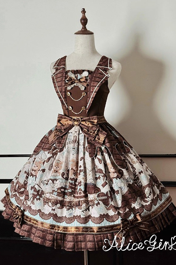 Brown [Teddy Bear Chocolate] Sleeveless Print Ruffle Bowknot Sweet Lolita Jsk Dress - Product - 12