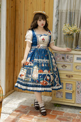 Dark Blue [Tea Party] Short Sleeves Print Ruffle Bowknot Lace Sweet Elegant Lolita Dress - Product - 3