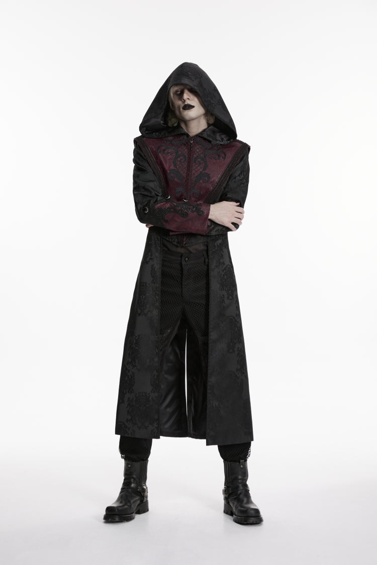 Black/Red Long Sleeves Jacquard Embroidered Spliced Lace Hooded Color-Blocked Men's Punk Cool Coat - Product - 6