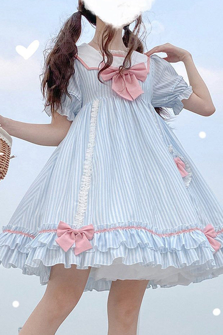 Navy Doll Collar Headbow Short Sleeve Striped Sweet Lolita Dress - blue - 1
