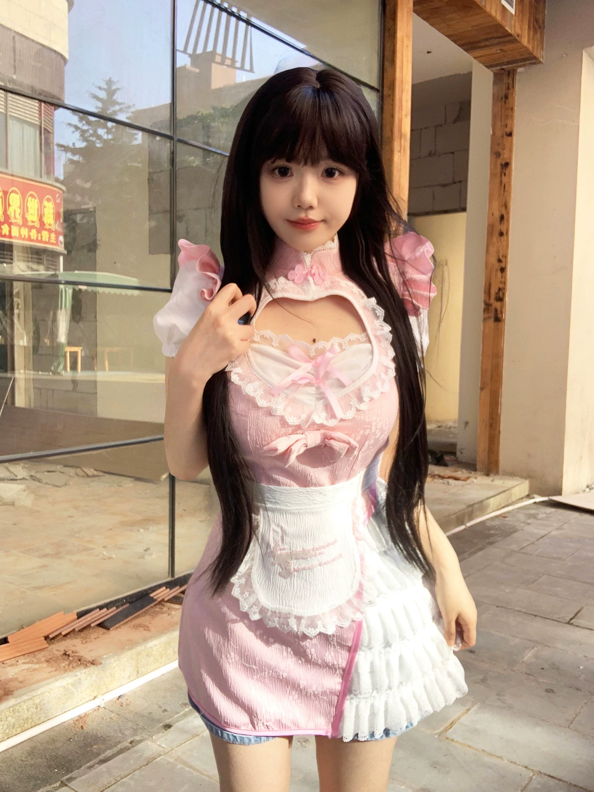 Pink and White Heart Cutout Maid Lolita Dress with Apron Accent - view 4