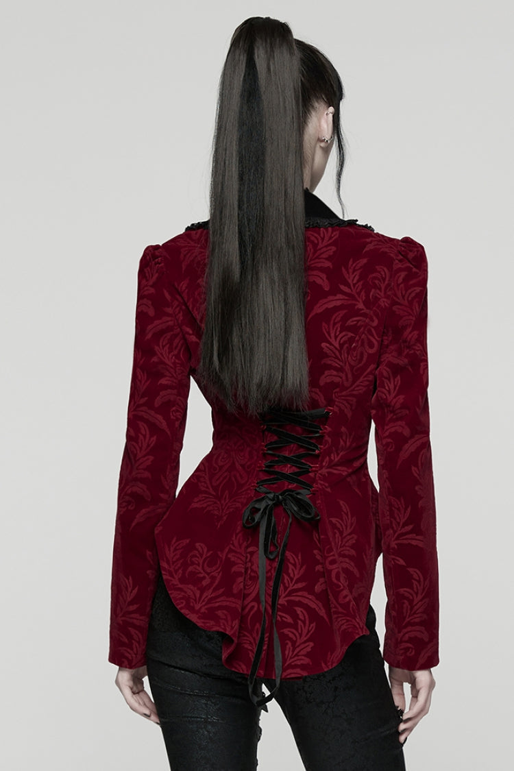 Red/Black Lapel Collar Long Sleeves Lace-Up Zipper Women's Punk Coat - Product - 3