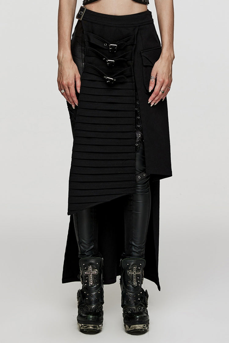 Black Adjustable Waist Irregular Metal Buckle Women's Steampunk Skirt - Black - 1
