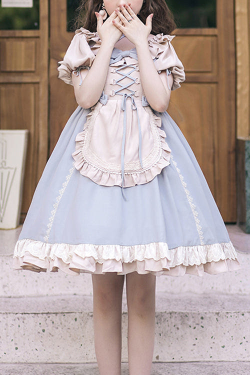 Round Collar Puff Doll Short Sleeves High Waist Bowknot Sweet Lolita Op Dress - Blue - 1