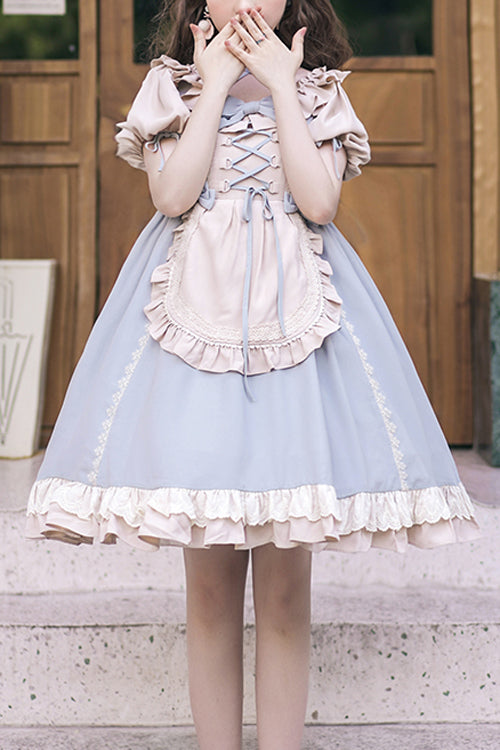 Round Collar Puff Doll Short Sleeves High Waist Bowknot Sweet Lolita Op Dress - Blue - 1