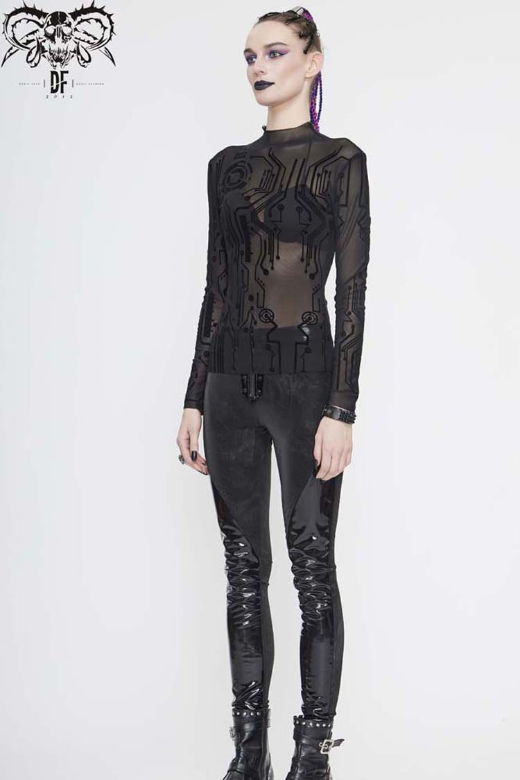 Black Long Sleeve The Printed Flocking Mesh Rough Selvedge Women's Punk Shirt - Product - 6